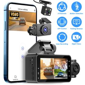 Car Dash Cam 3 Channel with Infrared Night Vision (4 IR Lights/Per Side), 1080P Front & 480P Inside/Rear Cameras